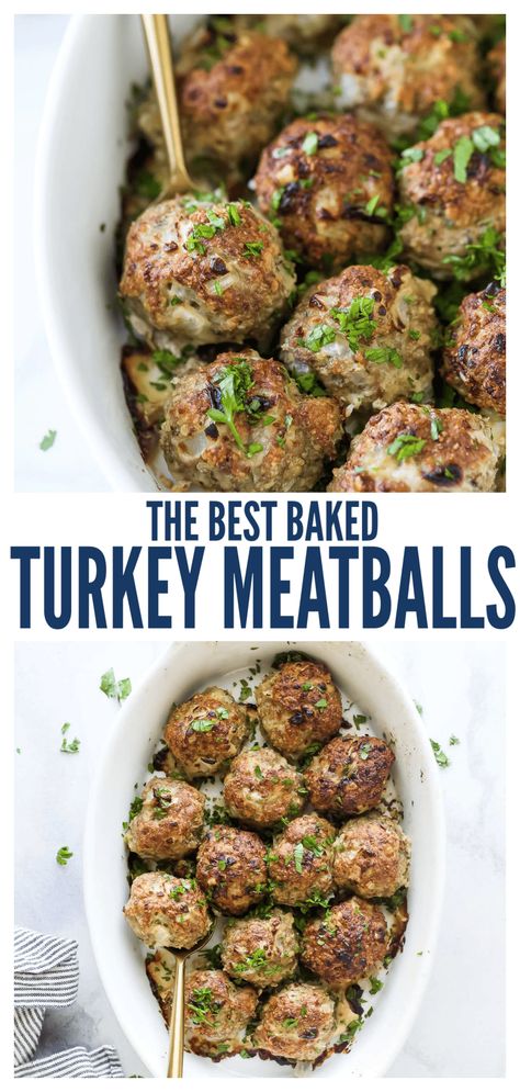 These baked garlic-parmesan turkey meatballs with a sprinkle of fresh parsley are guaranteed the best meatballs you'll ever make! They're perfectly juicy on the inside and go beautifully with your favorite pasta! You can also make them with ground chicken, pork, or beef. #meatballdinner #italianrecipe #turkeymeatballs #homemademeatballs #groundturkey #turkeyrecipes #pastanight Keto Turkey Meatballs Baked, Meatball Easy Recipe, Clean Turkey Meatballs, Pork Turkey Meatballs, Protein Meatballs Healthy, Turkey Meatballs Sandwich, Ranch Turkey Meatballs, Turkey Meatballs Air Fryer Healthy, Turkey Lentil Meatballs