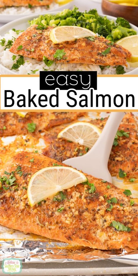 This perfectly seasoned Baked Salmon is a simple yet delicious dish that's made in the oven. It's ideal for a quick and easy weekday meal. #bakedsalmon #healthysalmonrecipes #easybakedsalmon #salmon #sheetpanrecipes #sheetpansalmon via @melissasssk Baked Salmon For One, Easy Oven Baked Salmon Recipes, How To Bake Salmon In Oven In Foil, Baking Whole Salmon In Oven, Salmon Recipes Baked Dry Rub, Baked Salmon And Rice Recipes, Easy Salmon Fillet Recipes, Baking Frozen Salmon In Oven, Salmon Oven Baked Easy