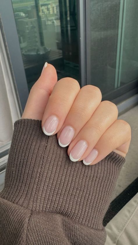 Very Short Almond French Tip Nails, Neutral Almond Nails French Tip, French Nails In Short Nails, Short Almost French Nails, Tiny French Tip Nails Almond, Short French Tip Polygel Nails, French Nails Almond Shape Short, French Vs American Nails, Almond French Tips Short