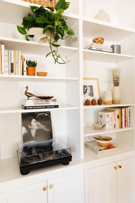 Bookcase with Record Player Built In Wall Storage Living Room, Record Player Shelves, Built In Bookcase Styling, Built In Record Shelves, Record Player Shelf Wall, Built In Shelves Behind Couch, Built In Record Storage, Record Player On Bookshelf, Record Player Bookshelf