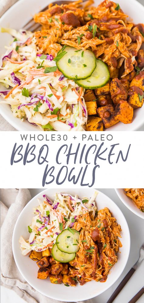 These BBQ chicken bowls are loaded with so much goodness: shredded BBQ chicken, seasoned cubed sweet potatoes roasted until crisp, a simple coleslaw, and quick homemade dill pickles. They're healthy and filling and surprisingly quick and easy. Whole30 and paleo, too. #whole30 #paleo #bbq #bowl #chicken #Recipes Spring Dinner Ideas Families, Paleo Bbq Chicken, Homemade Dill Pickles, Paleo Bbq, Shredded Bbq Chicken, Chicken Bowls, Power Bowls, Meals Recipes, Dill Pickles