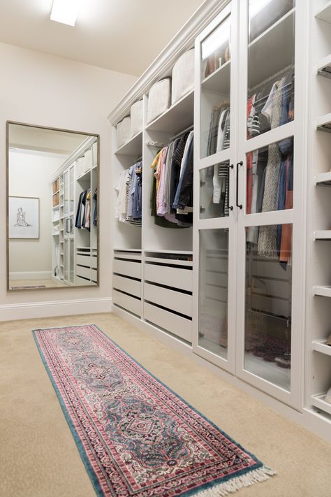 Check out our master walk-in closet makeover using IKEA PAX. By adding trim and giving it a built-in look we saved money and ended up with our dream closet. Walk In Closet Ikea, A Walk In Closet, Ikea Closet Organizer, Diy Custom Closet, Lots Of Clothes, Ikea Pax Closet, Pax Closet, Saved Money, Custom Closet Design