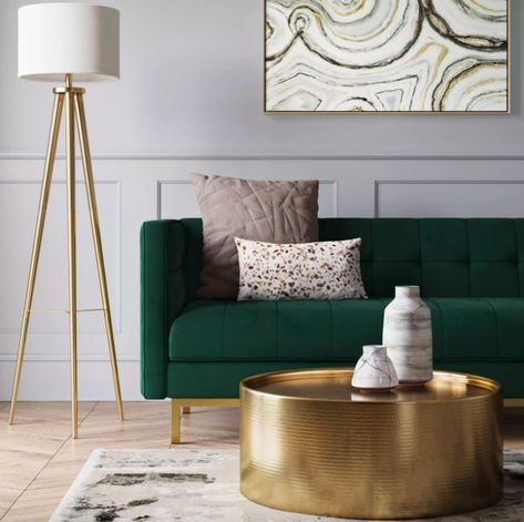 17 Pieces Of Furniture From Target That People Actually Swear By Emerald Green Chair Bedroom, Green Couch Accent Wall, Green Sofa Furniture, Green Couch Wayfair, New York Living Room Decor, Green And Gold Apartment Aesthetic, Green Accent Apartment, Emerald Apartment Decor, Emerald And Gold Office