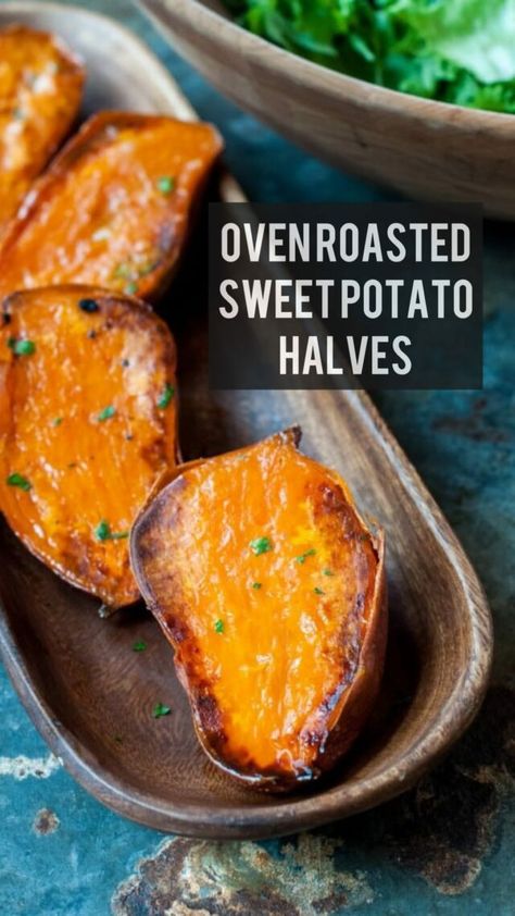 Oven Roasted Sweet Potato Halves 28 Sweet Potato Oven, Sweet Potato Recipes Roasted, Oven Roasted Sweet Potatoes, Sweet Potato Recipes Healthy, Yams Recipe, Roasted Sweet Potato, Potato Recipes Side Dishes, Cooking Sweet Potatoes, Potato Side Dishes