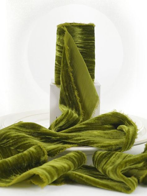 PRICES MAY VARY. Velvet Ribbon Color: Hand dyed in olive green color, soft and with shiny lustrous surface, adding a touch of elegance and luxurious to your gifts, decorating projects and crafts Fringe Velvet Ribbon Size: Ribbon measures 3" wide and continuous 3 yards(9ft) long per roll, ribbons are packed in a paper box, easy to store and use Hand-Torn Frayed Edges: Handmade with silk velvet material, the hand-torn frayed edges give the ribbon a rustic, chic look, the crinkled finish adds an ex Olive Green Christmas Decor, Velvet Ribbon Wedding, Flower Bouquet Gift, Green Velvet Ribbon, Christmas Wedding Decorations, Velvet Fringe, Wreath Ribbon, Gala Ideas, Gift Wrap Ribbon