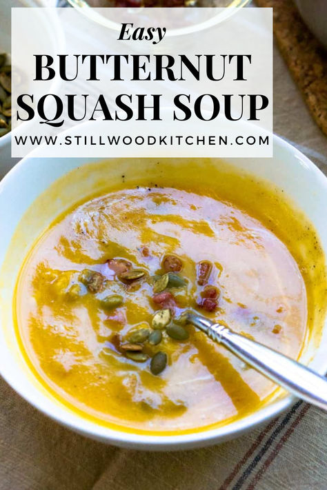 A bowl of butternut squash soup topped with pancetta and pumpkin seeds. Healthy Butternut Squash Soup, Easy Butternut Squash Soup, Gluten Free Fall Recipes, Onion Butter, Healthy Butternut Squash, Easy Butternut Squash, Soup Ingredients, Chicken And Butternut Squash, Butternut Squash Recipes Soup