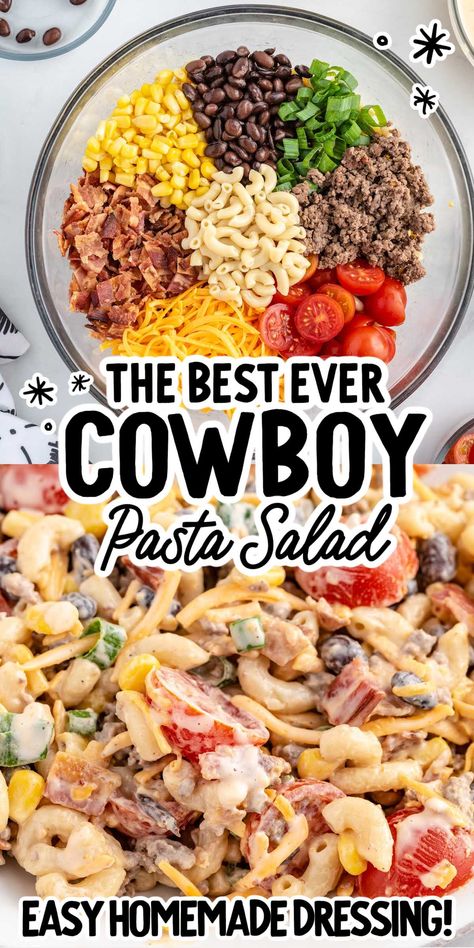 Loaded with plenty of tasty ingredients and covered in a creamy and flavorful dressing, this cowboy pasta salad is a filling meal on its own. Cowboy Pasta Salad, Cowboy Pasta, Summer Pasta Salad Recipes, Cold Pasta Salad Recipes, Easy Pasta Salad Recipe, Best Pasta Salad, Cold Lunches, Cold Pasta Salad, Lake Food Ideas Summer