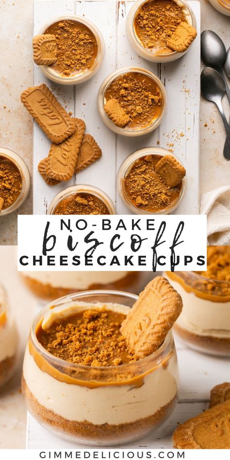 No-Bake Biscoff Cheesecake Cups are creamy, rich and loaded with the delicious taste of cookie butter. This dessert is easy to make and great for any occasion! Cookie Butter Dessert Cups, No Bake Mini Biscoff Cheesecake, Dessert Cups Biscoff, Biscoff Dessert Shooters, Biscotti Cheesecake Cups, Desserts Made With Biscoff Cookies, Biscoff Crumble Topping, Dessert Recipes Biscoff, Mini Cookie Butter Cheesecake