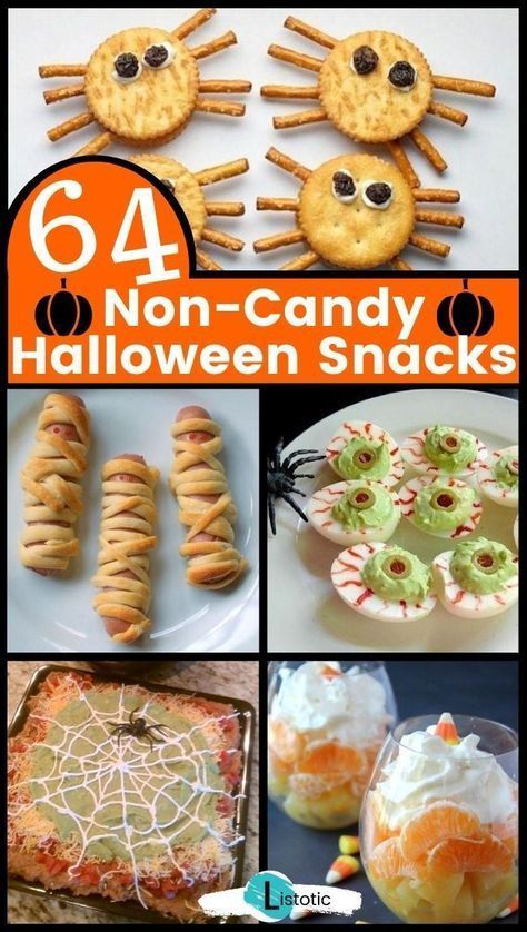 Tasty Halloween Snacks that are on the healthy side too. Instead of candy for Halloween try out any of these 64 Non candy Halloween snacks. See this big list of ideas on Listotic. Healthy Halloween Snacks For Kids, Halloween Food Recipes, Easy Halloween Snacks, Halloween Snacks For Kids, Halloween Party Appetizers, Healthy Halloween Treats, Healthy Halloween Snacks, Healthier Alternatives, Halloween Party Snacks