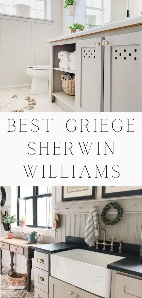 After years of designing home interiors here are the best griege paint colors by Sherwin Williams. Sharing examples in bathrooms, kitchen, barn doors, cabinets and more. Picking a Sherwin williams paint can be challenging but with these popular sherwin williams paints it will be much easier. Each neutral sherwin william paint color is broken down into LRV and color tones. Plus these trendy sherwin williams paint colors are in style. Come see these Sherwin williams neutral paint colors. Sherwin Williams Griege Paint, Sherwin Williams Griege, Griege Paint Colors, Griege Paint, Sherwin Williams Greige, Sherwin Williams Paint Neutral, Best Neutral Paint Colors, Greige Paint Colors, Sherwin Williams Colors