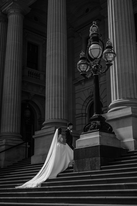 Step into the enchanting world of Jodie and Apollo's romantic and high-end editorial wedding photos captured at the historic Melbourne courthouse. The elegance, class, and romance of their day are perfectly captured, and you can witness the stunning Raffaele Ciuca Bridal gowns on full display. To book a wedding photographer who will capture every moment of your day in the most magical way, inquire on my website kyndel.co. Road Wedding Photos, Glamorous Wedding Photos, Private Wedding Photos, Old Time Wedding Photos, Melbourne Wedding Photography, Vogue Wedding Editorial Photography, Wedding Photography Ideas Creative, Elegant Wedding Photography, Old Money Wedding Photos