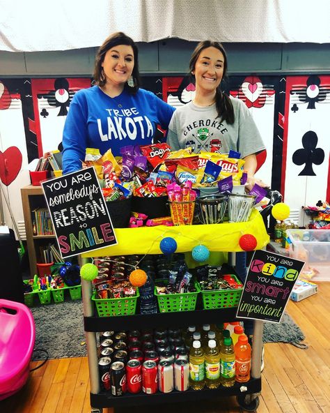 Cheer Cart For Teachers, Pto Teacher Breakfast, Teacher Incentives For Teachers, Teachers Lounge Treat Ideas, Employee Appreciation Snack Cart, Valentines Teacher Snack Cart, Staff Teacher Gifts, Coffee Cart Teachers, School Snack Cart For Teachers