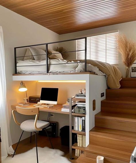 Cozy Loft Bedroom Ideas, Bunk Bed With Desk And Stairs, Bed Mezzanine Small Rooms, Loft Bed In Closet, Bunk Beds Desk Underneath, Bunk Desk Bed, Tiny Bedroom Loft Bed, High Bed Ideas Small Room, Studio With Loft Bed