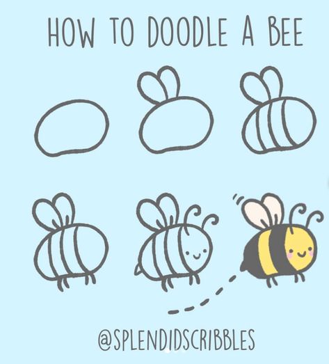 Bee Drawing Step By Step, Draw Bee, Draw A Bee, How To Doodle, Doodle Art For Beginners, خريطة ذهنية, Doodle A, Bee Drawing, Banner Drawing