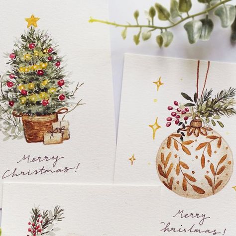 Mini Diy, Watercolor Pictures, Christmas Card Set, Watercolor Christmas Cards, Christmas Tree Baubles, Diy Christmas Cards, Mini Christmas, Christmas Card Design, Christmas Illustration