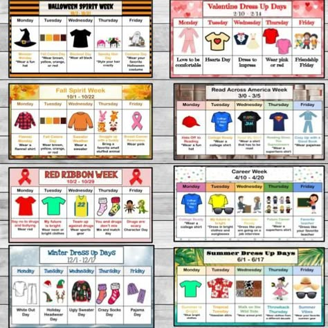 Summer Spirit Week Ideas, Employee Appreciation Gifts Diy, School Spirit Ideas Pep Rally, Holiday Spirit Week, Spirit Weeks, Spirit Week Themes, Spirit Day Ideas, Dress Up Days, School Spirit Week