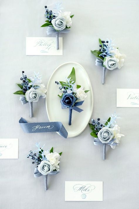 Bride Bouquets May Wedding, Blue Brides Bouquet, Dusty Blue Boutonniere Grooms, Dusty Blue Rustic Wedding Ceremony Decor, Dusty Blue And Ivory Wedding Theme, Centerpieces Wedding Dusty Blue, Dusty Blue Wedding Bouquet Brides, Blue Floral Wedding Dress, Dusty Blue Suit Groom