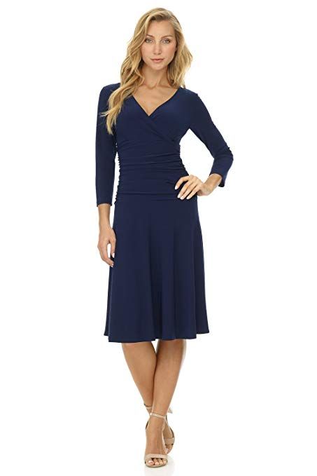 Rekucci Women's Slimming 3/4 Sleeve Fit-and-Flare Crossover Tummy Control Dress (14, Navy) at Amazon Women’s Clothing store: Crossover Dress, Wear To Work Dress, Badass Style, Used Wedding Dresses, Office Attire, Flared Skirt, Knee Length Skirt, Control Panel, Petite Dresses