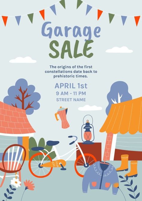 Hand-drawn Bike & Sweater Garage Sale Poster Garage Sale Flyer Template Free, Garage Sale Poster Design, Event Advertisement Poster, Summer Sale Poster Design, Garage Sale Aesthetic, Sale Poster Design Marketing, Yard Sale Poster, Garage Sale Ideas, Garage Sale Advertising