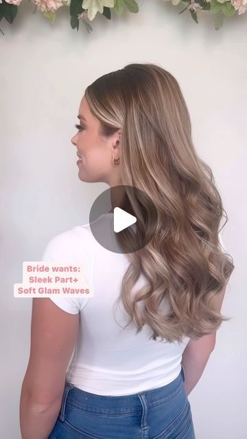 Center Part Formal Hairstyles, Down Middle Part Wedding Hair, Center Part Glam Waves, Slick Front Wedding Hair, Bridal Hairstyles Waves, Pageant Hair Down Curls, Bridesmaid Waves Hair, Sleek Glam Hair, Fancy Hair Down Styles