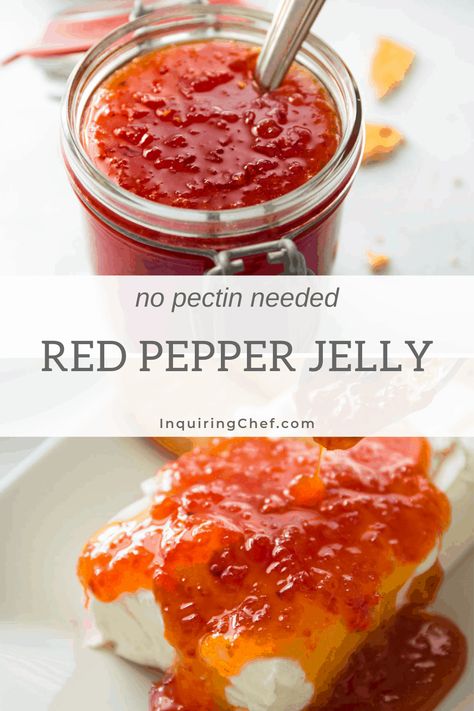 An easy sweet and spicy red pepper jelly that is made with no pectin. Great to serve over soft cheeses or give as holiday gifts. Pickling Ideas, Red Pepper Jelly Recipe, Canning Jams, Pepper Jelly Recipe, Pepper Jam, Pepper Jelly Recipes, Red Pepper Jelly, Brother Printer, Pepper Relish