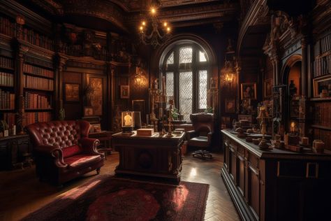 Dark Office Aesthetic Vintage, Office Victorian, Historical Office Interior, Victorian Mansion Library, Dark Victorian Office, Victorian Office Room, Dark Study Room Aesthetic, Mansion Study Room, Ornate Office