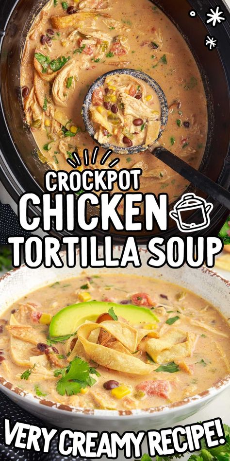 Crockpot Chicken Tortilla Soup Dairy Free, Creamy Tortilla Soup Crockpot, Tortilla Soup With Cream Cheese, Easy Chicken Tortilla Soup Crock Pot, Crockpot Tortilla Soup, Tortilla Soup Crockpot, Gourmet Soups, Crockpot Chicken Tortilla Soup, Sunday Soup