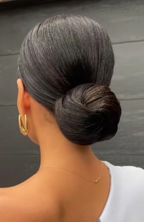 Bridesmaid Hairstyles Low Updo, Low Bun Bridesmaid Hair Black Women, Low Bun With Tendrils, Black Bride Hairstyles Updo Low Buns, Low Back Bun Hairstyles, Updo Bun Hairstyles Black Women, Slick Back Wedding Bun, Natural Hair Styles Wedding, Sleek Low Bun Black Women