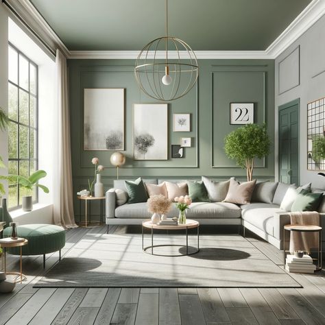 gray floors and sage green walls Green Living Room Grey Floor, Sage Gray Living Room, Green Gray And Brown Living Room, Green Walls Grey Furniture, Gray Floor Green Wall, Green Walls White Fireplace, Green Walls Gray Floor, Gray Floors Green Walls, Sage Green Wall Living Room Ideas