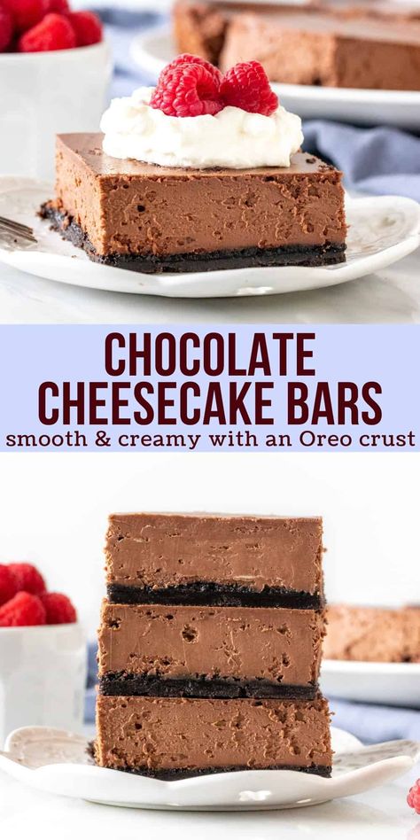 Dark chocolate cheesecake bars Chocolate Cheesecake Bars, Dark Chocolate Cheesecake, Chocolate Cheesecake Recipe, Oreo Cookie Crust, Chocolate Cheesecake Recipes, Oreo Crust, Cheesecake Desserts, Oreo Cookie, Cookie Crust