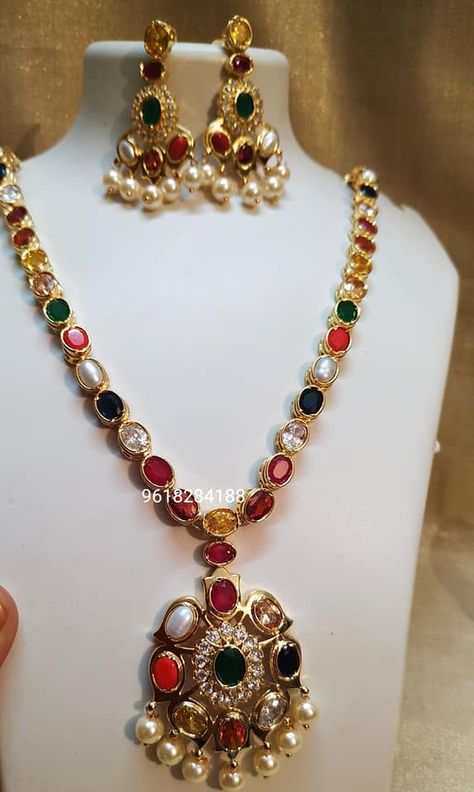 Beautiful one gram gold necklace studded with navaratan stones. Navrathan Necklace Gold, Navratan Necklace Gold, Navarathna Necklace Gold, Navratna Necklace Gold, Malabar Gold Jewellery Necklaces Antique, Navratna Bangles, Navarathna Necklace, Navaratan Jewellery, Navratan Jewellery