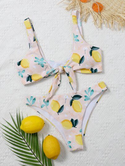 Lemon Print Knot Front Bikini Swimsuit | SHEIN USA Swimsuit Shein, Lemon Print, Cute Swimsuits, Women Swimsuits, Bathing Suit, String Bikinis, Knot, Lemon, Free Shipping