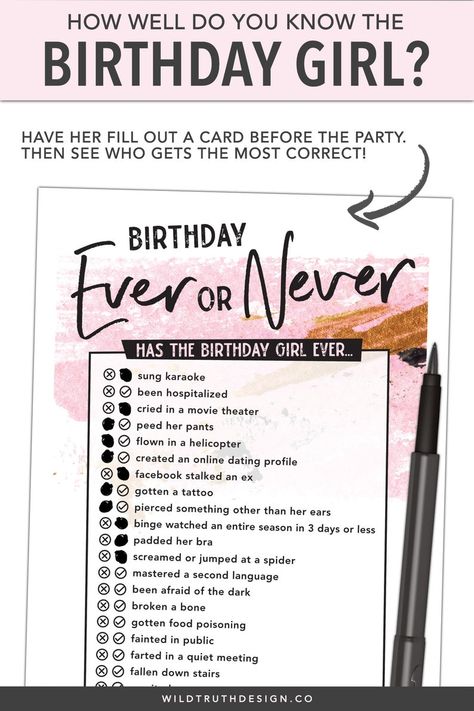 Women's Birthday Game For Adults Never Have I Ever | Etsy 40th Birthday Games, Birthday Quiz, 30th Birthday Ideas For Women, Birthday Games For Adults, 30th Birthday Themes, Birthday Party Game, Game For Adults, Woman Birthday Party, 30th Bday