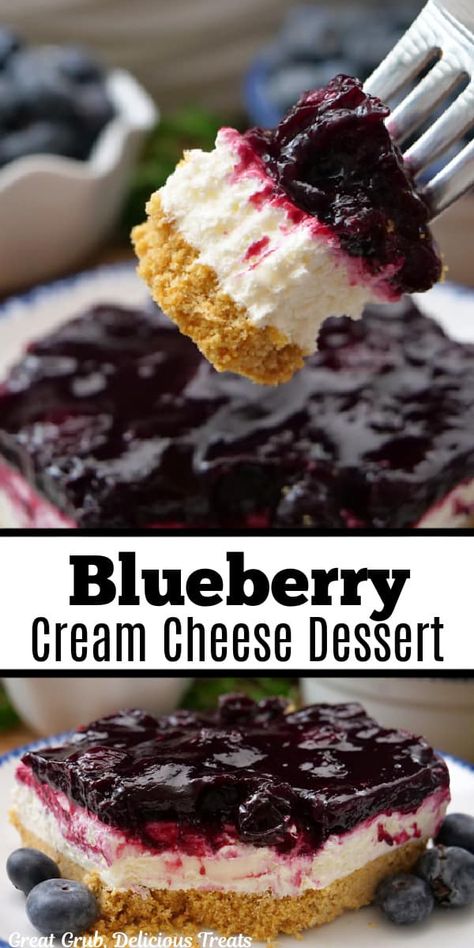 Blueberry Cream Cheese Dessert is a refreshing and delightful, easy to make, blueberry dessert recipe, made with sweet blueberry pie filling, fresh blueberries,, a fluffy and delicious cream cheese mixture all layered on a graham cracker crust. Desserts For Barbecues, Potluck Dishes Dessert, No Bake Cream Cheese Desserts, Blueberry Cream Cheese Dessert, No Bake Blueberry Dessert, Deserts With Cream Cheese, Cream Cheese Desserts Easy, Blueberry Cream Cheese Pie, Easy Blueberry Desserts