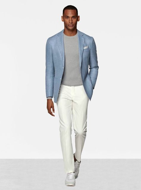 The perfect blend of comfort and style with a light blue blazer and grey T-shirt paired with white dress pants and grey sneakers. A smart-casual outfit ideal for any modern wardrobe. Men Pastel Outfit, Light Blue Blazer Outfit Men, Casual Blazers For Men, Light Blue Blazer, Outfit Cool, Class Outfits, Off White Pants, White Dress Pants, Best Blazer