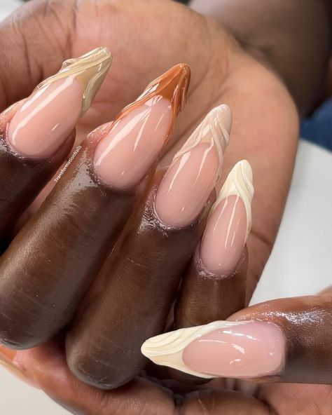 3D frenchies😍 Different shade of nudes🤎🖤💛🤍 PRICE: k700 Single colour French with 3d swirls k650 Nails done by @transformation.beautystudio Pamper yourself by booking an appointment with us For bookings contact us on +260972022050 or book online by clicking link in bio #acrylic nails #trendingchristmasnails2023 #lusakazambia #nails2inspire #swarovski #nailcontentcreator #nailsonfleek #instagram #frenchtips #reels #dailynails #smallbusinessmarketing #transformationbeautystudio #frenchtips... 3d Nails French Tip, 3d Swirl Nail Designs, Almond Nails Designs For Fall, 3d Nail Designs Fall, Fall 3d Nails, Simple 3d Nails, 3d French Tip Nails, 3d Fall Nails, Fall Almond Nails Designs