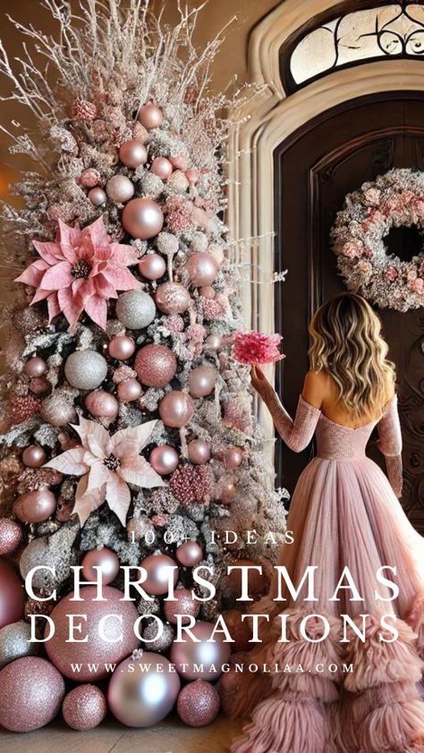 Dreaming of a PINK Christmas? 🌸✨ Explore these stunning pink Christmas tree decoration ideas to add a soft, elegant touch to your holiday home! From blush pink ornaments to shimmering rose gold accents, turn your tree into a festive masterpiece. 🎄💖   #PinkChristmas #ChristmasTreeDecor #HolidayInspo Blush And Green Christmas Decor, Burgundy Pink Gold Christmas Tree, Pink Christmas Tree Topper Ideas, Blush And Gold Christmas Decor, Pink Ombre Christmas Tree, Pink Xmas Decorations, Pink Christmas Photoshoot, Blush Pink Christmas Decorations, Blush Christmas Decor