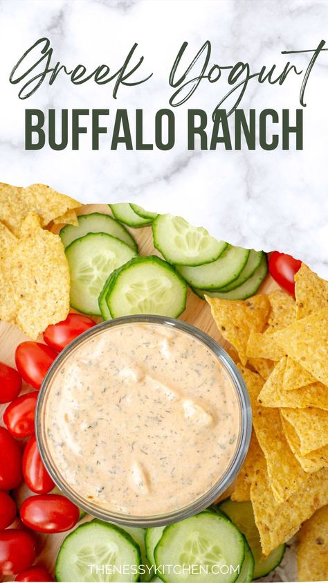 Spicy, tangy and creamy, this Buffalo ranch dip or dressing is perfect for drizzling on salads or using for dipping veggies, wings and more. Ready in minutes, it is made with a Greek yogurt base for a healthier twist. Buffalo Veggie Dip, Healthy Dips With Greek Yogurt, Ranch Made With Greek Yogurt, Homemade Veggie Dip Greek Yogurt, Ranch Dressing Uses, Healthy Salad Dips, Buffalo Salad Dressing, Greek Yogurt Dip For Chicken, Vegetable Dip With Greek Yogurt