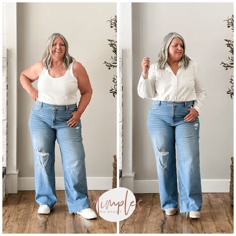 Wide-leg jeans can be flattering for plus-size women and I've found four pairs that are well worth a try-on and I'm sharing three styling tips for how to make them work for curvy figures. Plus Size Petite Jeans, Plus Jeans Outfit, Wide Leg Jeans Curvy Outfit, Wide Leg Plus Size Jeans, Plus Jeans Outfit Plus Size, Plus Wide Leg Jeans Outfit, Wide Hips Fashion, How To Style Wide Leg Jeans Plus Size, Wide Leg Plus Size Outfit