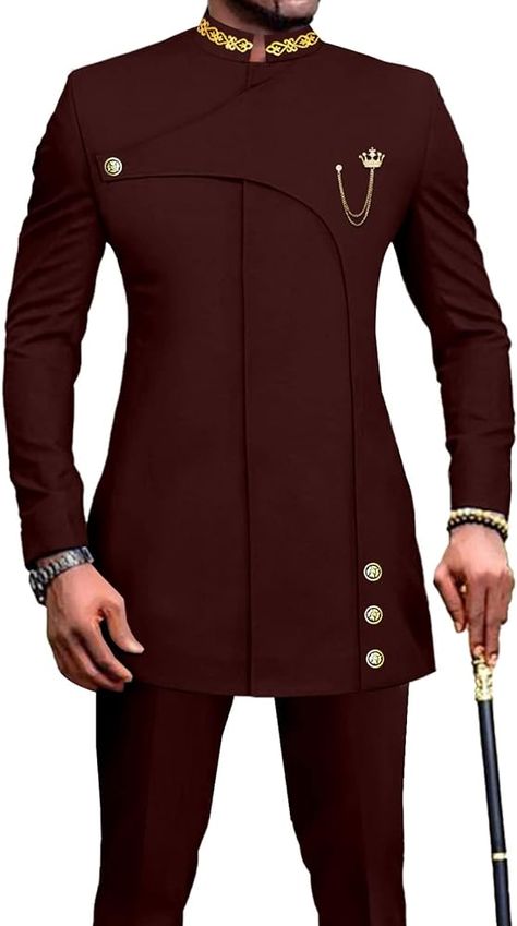 Men's 2 Pieces Suit Elegant Single Breated Slim Fit Embroidery Blazer Pants Set African Clothes Wedding Black Medium at Amazon Men’s Clothing store Designed Suits For Men, Men African Suits, African Men Wedding Outfit, Fashion Designer For Men, African Groom Attire, Classic Men's Clothing Style, African For Men, Native Designs For Men, African Suits Men