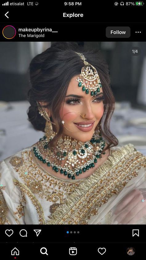 Bridal Hair Indian Hairstyles, Reception Hairdo Indian, Pakistani Walima Hairstyles, Indian Bridal Low Bun Hairstyle, Traditional Indian Bridal Makeup, Pakistani Bun Hairstyle, Indian Bridal Hair And Makeup, Wedding Makeup For Indian Brides, Pakistani Wedding Guest Makeup Look