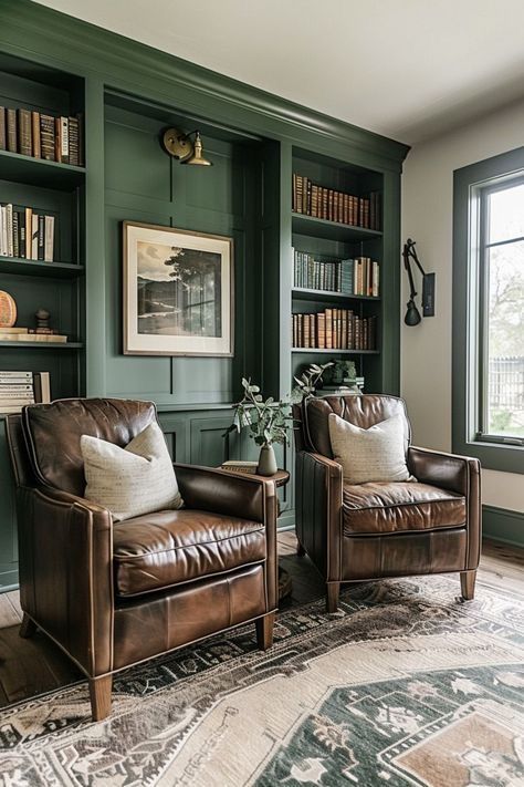 Dark Office Library, Entry Room Ideas Large, Living Room Inspiration Green, Living Room Ideas Dark, Green Living Room Walls, Dark Living Room Decor, Green Living Room Color Scheme, Green Study, Dark Living Room Ideas