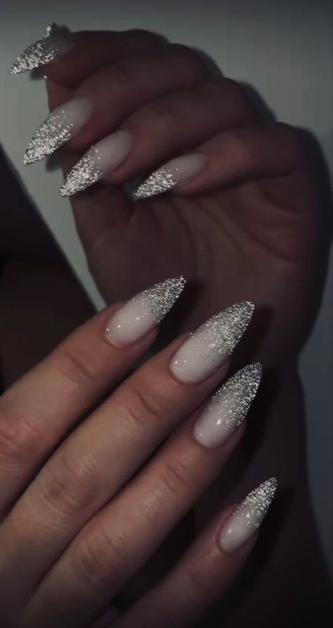 Silver Nails New Years, White Nails Silver Tips, Silver Almond Shaped Nails, Black Sparkle Nails Almond, Silver Nails Almond Shape, Silver Almond Acrylic Nails, Sliver Nails Ideas, Silver Nails Almond, Nail Kuromi