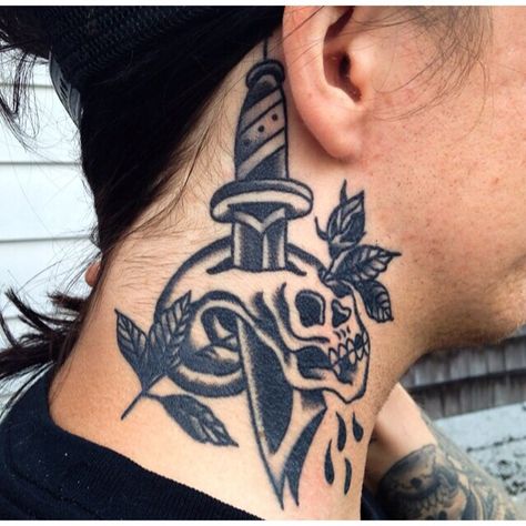 Traditional neck tattoo #skull & dagger #tattoo Skull Dagger Tattoo, Traditional Tattoo Neck, Traditional Neck Tattoo, Tattoo Son, Latest Tattoo Design, Side Neck Tattoo, Tattoo Neck, Tattoo Skull, Epic Tattoo