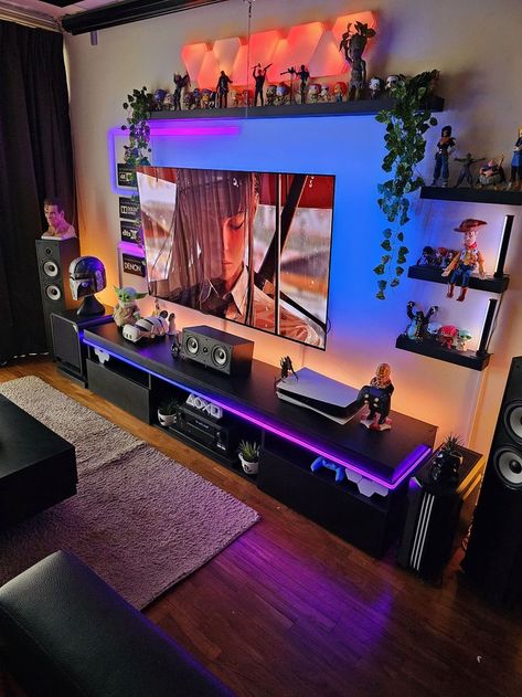 Living Room Game Console Storage, Console Gamer Room, Bedroom Turned Game Room, Living Room Ideas Gamer, Living Room And Gaming Room Combo, Gamers Living Room, Rgb Living Room Ideas, Tv And Game Room Ideas, Gamer Home Aesthetic