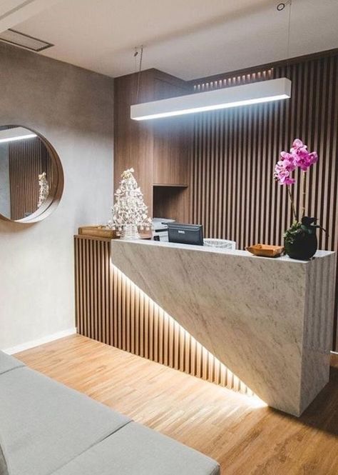 Office Reception Table Design, Modern Reception Desk Design, Reception Table Design, Office Reception Design, Dental Office Design Interiors, Modern Reception Desk, Small Office Design, Hairdresser Salon, Medical Office Design