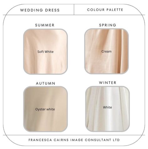 Oyster White Wedding Dress, Wedding Dress Colours Shades, Wedding Dress Shades Of White, Soft Autumn Wedding Dress, Soft Summer Wedding Dress, Soft Autumn Accessories, Soft Autumn Wedding, Spring Colour Analysis, Colour Wedding Dress