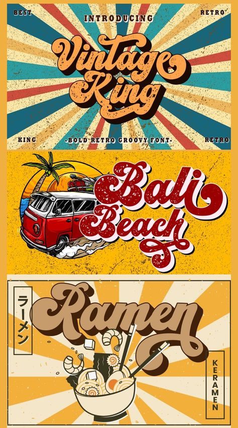 Vintage King - Retro Groovy Font| Fonts Display Retro Logos, Logos, Retro Groovy Font, Retro Style Posters, 70s Nostalgia, Retro Graphic Design, Groovy Font, Retro Typography, Banner Ads Design