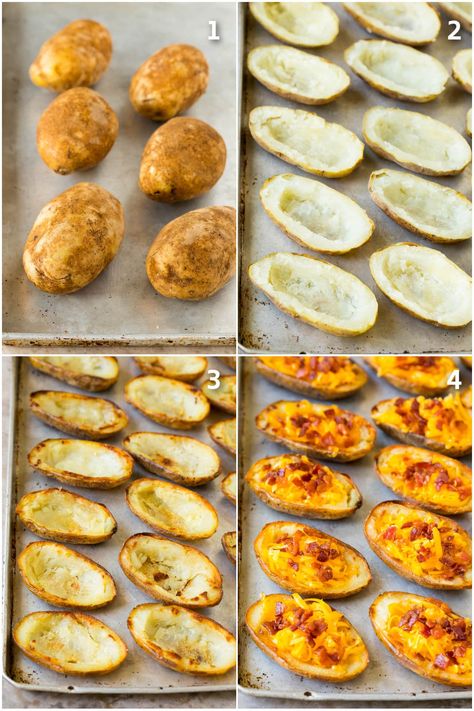 Potato Skins Recipe - Dinner at the Zoo Easy Potato Skins Quick, Loaded Potato Skins Recipe Easy, Potato Skins For A Crowd, Quick Potato Skins, Oven Baked Potato Skins, Baked Potatoe Skins In The Oven, Baked Potatoes Skins In The Oven, Game Day Potato Recipes, Crispy Baked Potato Skins