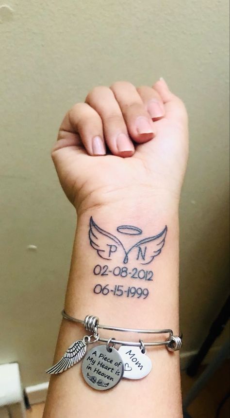 Meaningful Memory Tattoos, Simple Memory Tattoos, Wrist Tattoos In Memory Of Loved Ones, Memorial Tattoo For Both Parents, Small Memorial Tattoos For Two People, Memory Of Mother Tattoo, Dates Tattoo Ideas Memories, Wrist Tattoos For Passed Loved Ones, Angel Wings With Dates Tattoo